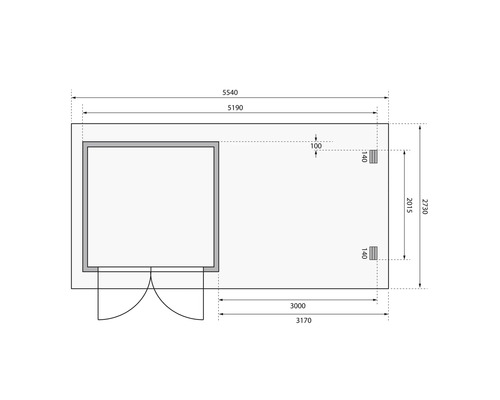 Grundriss eines Gartenhauses mit Maßangaben.