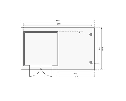 Grundrisszeichnung eines Gartenhauses mit Maßen