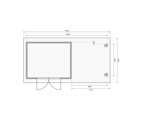 Grundrisszeichnung eines Gartenhauses mit Maßangaben