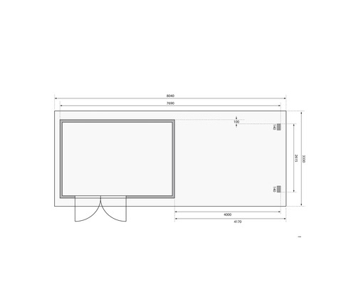Grundrisszeichnung eines Gartenhauses mit Maßangaben