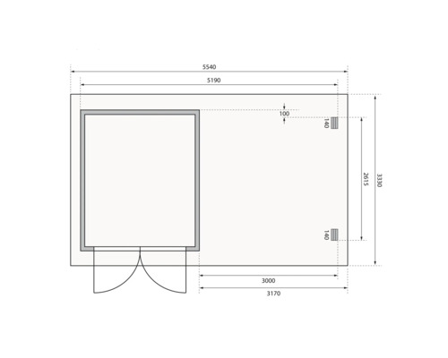 Grundrisszeichnung eines Gartenhauses mit Maßangaben