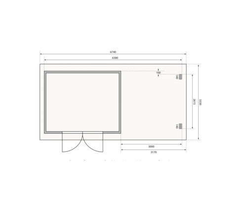 Grundrisszeichnung eines Gartenhauses mit Maßangaben