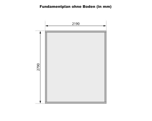 Fundamentplan mit Maßangaben 2190 Millimeter Breite und 2790 Millimeter Länge