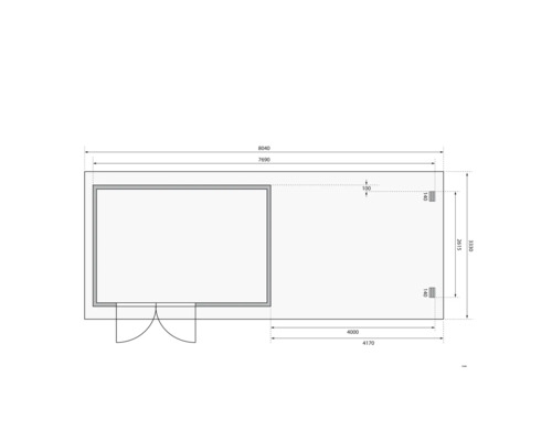 Grundrisszeichnung eines Gartenhauses mit Maßangaben