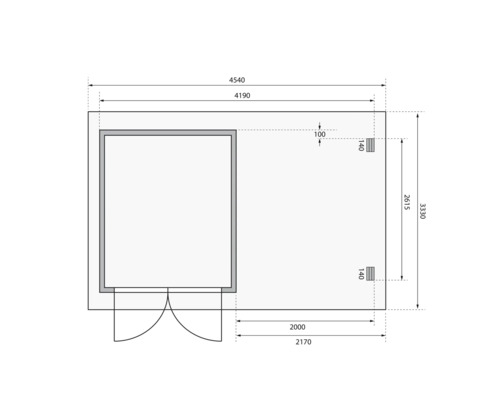 Technische Zeichnung eines Gerätehauses mit Maßangaben