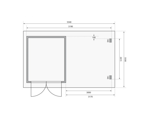 Grundrisszeichnung eines Gartenhauses mit Maßangaben