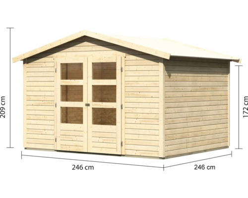 Holzgartenhaus mit Doppeltür und Maßangaben