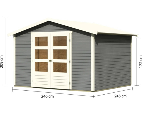 Gartenhaus aus Holz mit Doppeltür und Maßangaben