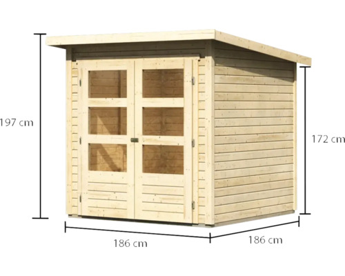 Gartenhaus aus Holz mit Doppeltür und Maßangaben