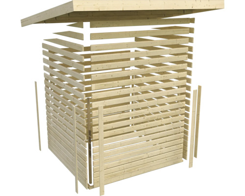 Explosionszeichnung eines Holzschuppens mit Lamellenwänden und Dach