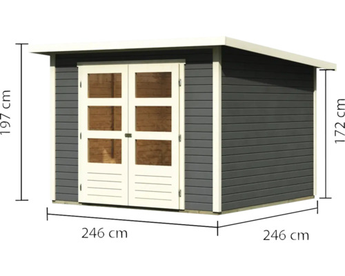 Gartenhaus aus Holz mit Doppeltür und Maßangaben 246 x 246 x 197 cm