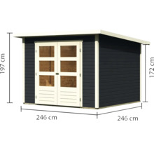 Gartenhaus mit Doppeltür und den Maßen 246 mal 246 mal 197 Zentimeter.